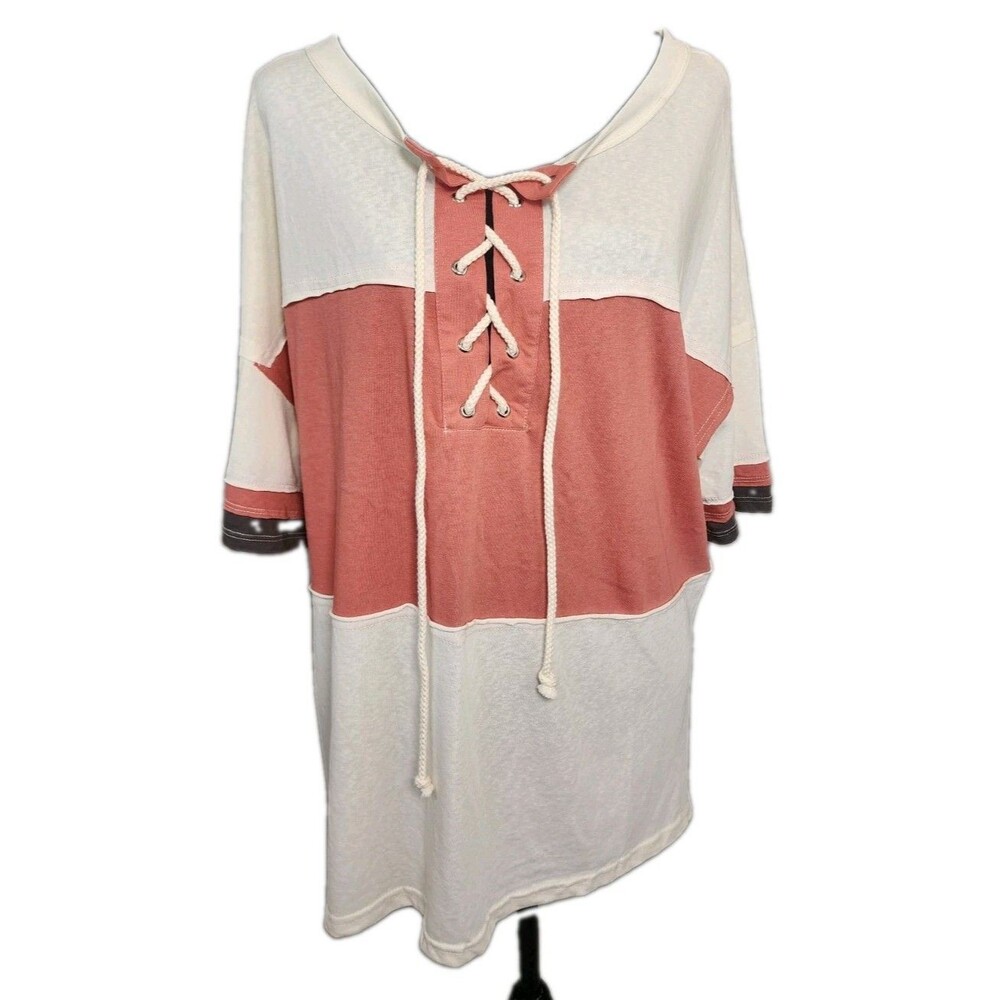 Easel Women's Sz S T- Shirt NWT Boutique  Baggy Fit Casual Boho Tie Up Neckline